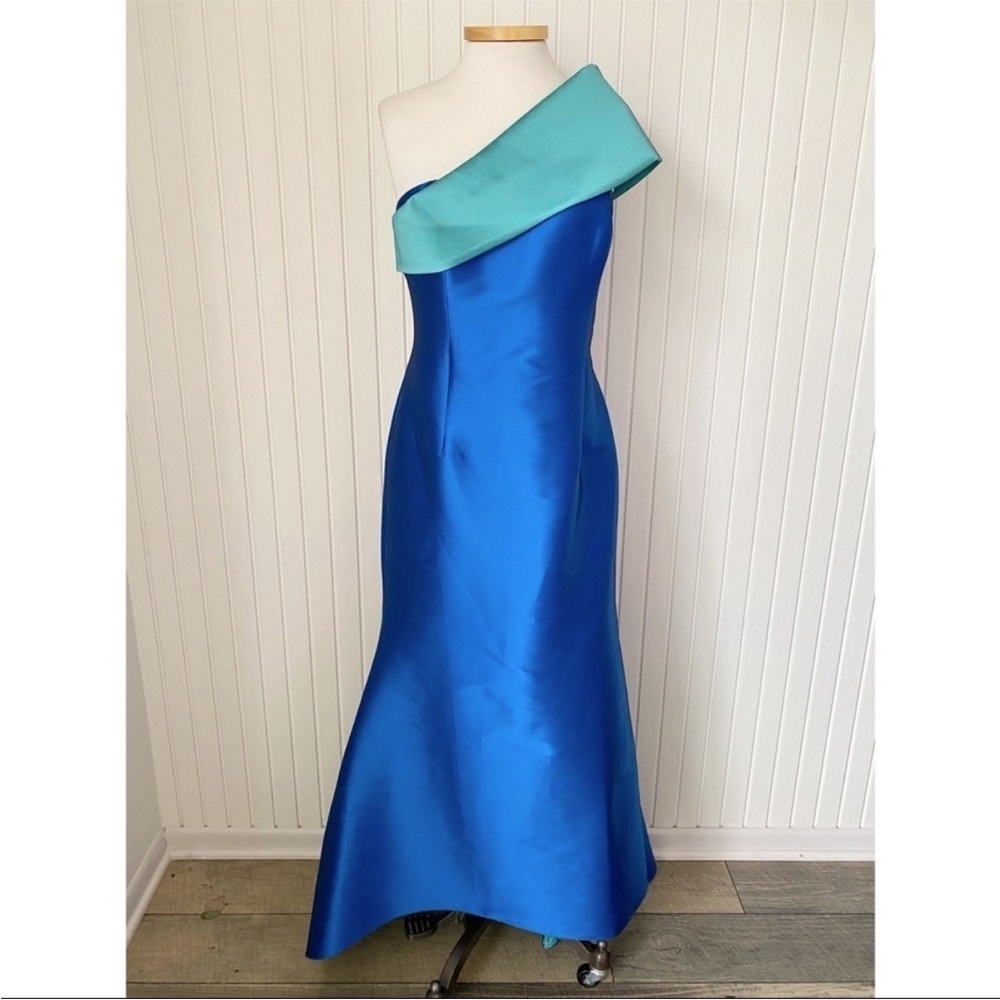 NWT Sachin & Babi Sadie Gown Azure Blue Duchess Satin Dress Green Teal Sash